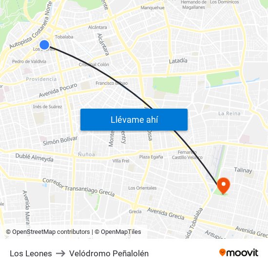 Los Leones to Velódromo Peñalolén​ map