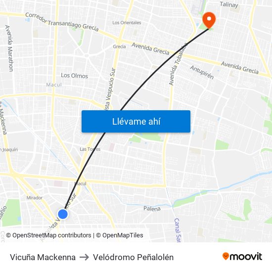 Vicuña Mackenna to Velódromo Peñalolén​ map