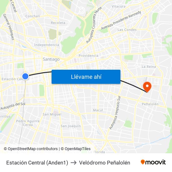 Estación Central (Anden1) to Velódromo Peñalolén​ map