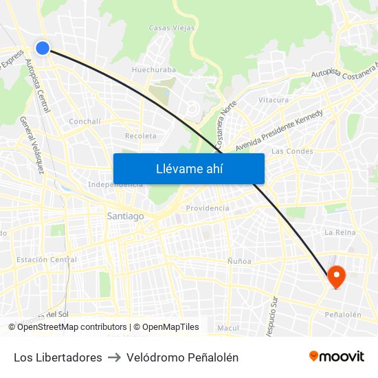 Los Libertadores to Velódromo Peñalolén​ map