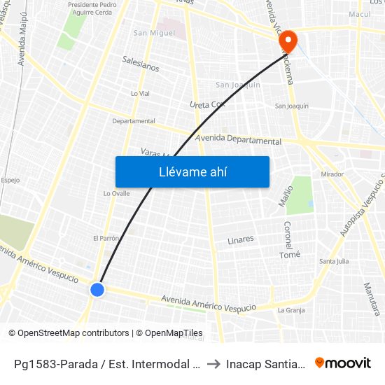 Pg1583-Parada / Est. Intermodal La Cisterna to Inacap Santiago Sur map
