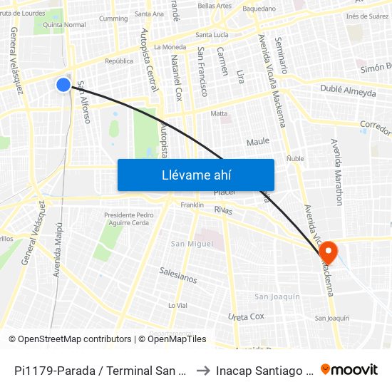 Pi1179-Parada / Terminal San Borja to Inacap Santiago Sur map