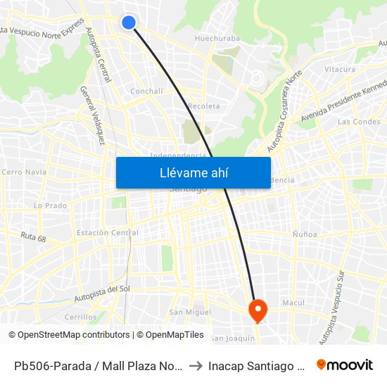 Pb506-Parada / Mall Plaza Norte to Inacap Santiago Sur map