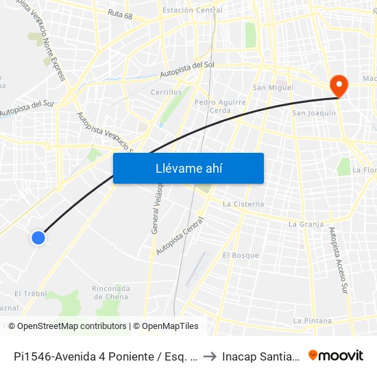 Pi1546-Avenida 4 Poniente / Esq. El Labrador to Inacap Santiago Sur map