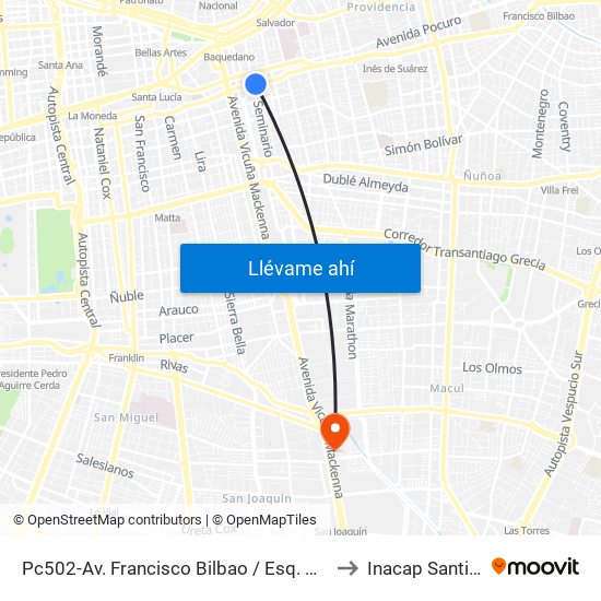 Pc502-Av. Francisco Bilbao / Esq. Avenida Seminario to Inacap Santiago Sur map