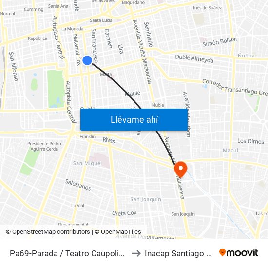 Pa69-Parada / Teatro Caupolicán to Inacap Santiago Sur map