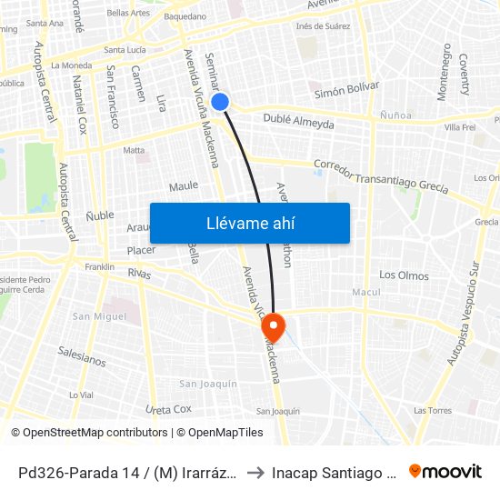 Pd326-Parada 14 / (M) Irarrázaval to Inacap Santiago Sur map