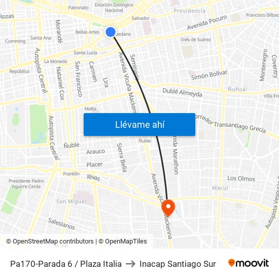 Pa170-Parada 6 / Plaza Italia to Inacap Santiago Sur map