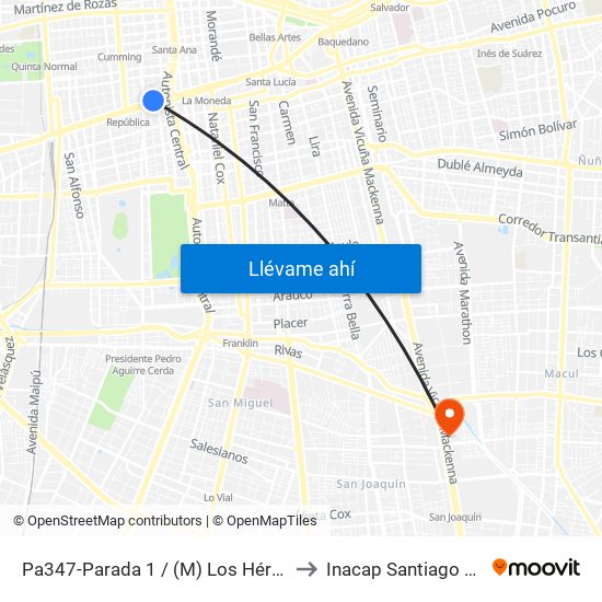 Pa347-Parada 1 / (M) Los Héroes to Inacap Santiago Sur map