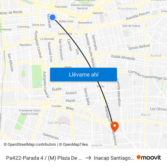 Pa422-Parada 4 / (M) Plaza De Armas to Inacap Santiago Sur map