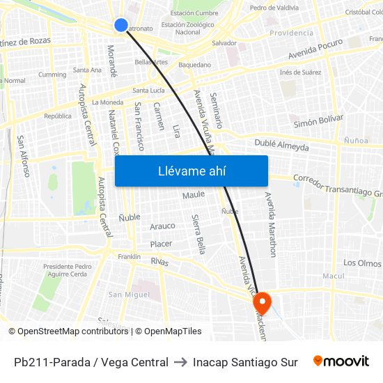 Pb211-Parada / Vega Central to Inacap Santiago Sur map