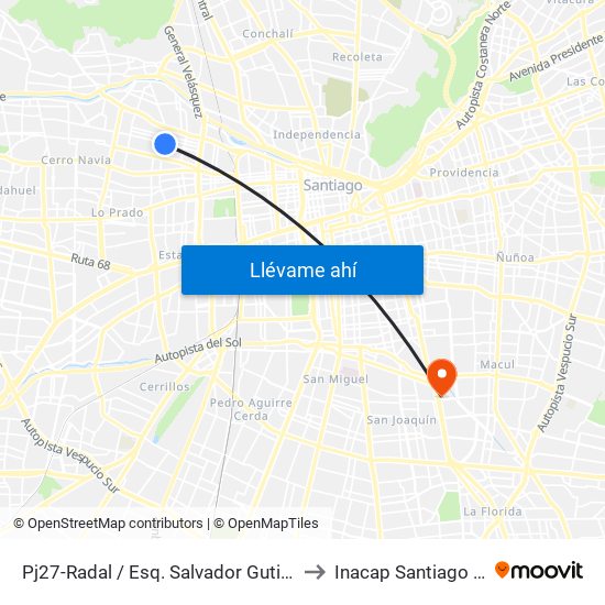 Pj27-Radal / Esq. Salvador Gutiérrez to Inacap Santiago Sur map