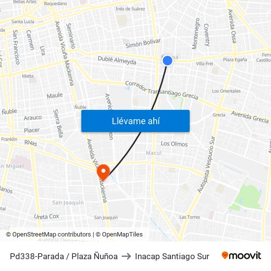 Pd338-Parada / Plaza Ñuñoa to Inacap Santiago Sur map
