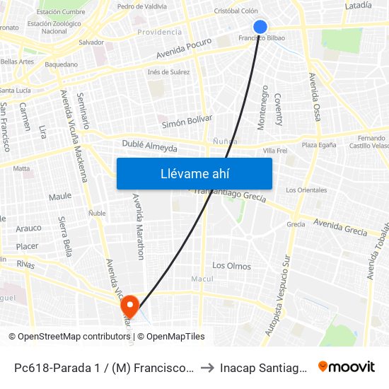 Pc618-Parada 1 / (M) Francisco Bilbao to Inacap Santiago Sur map