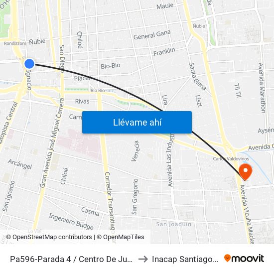Pa596-Parada 4 / Centro De Justicia to Inacap Santiago Sur map