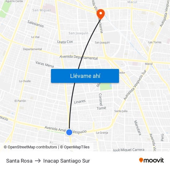 Santa Rosa to Inacap Santiago Sur map
