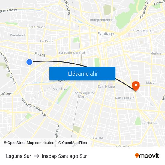 Laguna Sur to Inacap Santiago Sur map