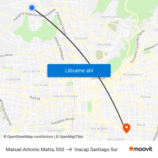 Manuel Antonio Matta, 500 to Inacap Santiago Sur map