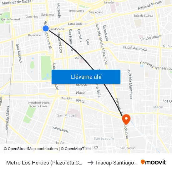Metro Los Héroes (Plazoleta Central) to Inacap Santiago Sur map