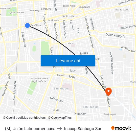 (M) Unión Latinoamericana to Inacap Santiago Sur map