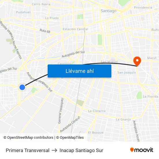 Primera Transversal to Inacap Santiago Sur map