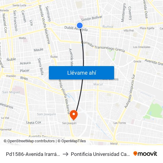 Pd1586-Avenida Irarrázaval / Esq. Campos De Deportes to Pontificia Universidad Católica De Chile - Campus San Joaquín map