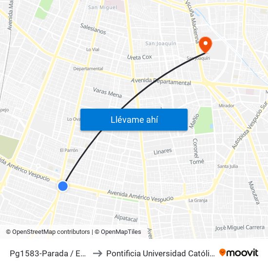 Pg1583-Parada / Est. Intermodal La Cisterna to Pontificia Universidad Católica De Chile - Campus San Joaquín map
