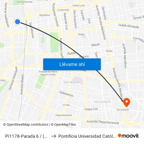 Pi1178-Parada 6 / (M) Universidad De Santiago to Pontificia Universidad Católica De Chile - Campus San Joaquín map