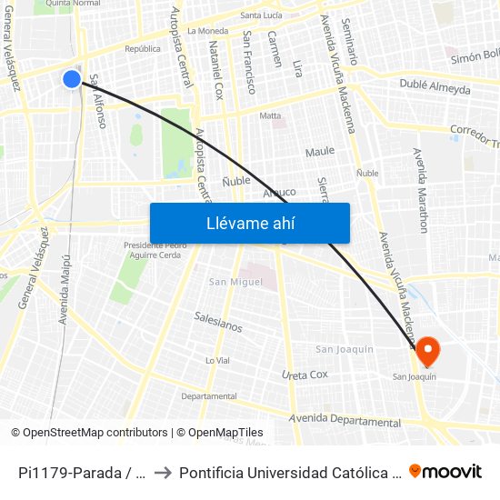 Pi1179-Parada / Terminal San Borja to Pontificia Universidad Católica De Chile - Campus San Joaquín map