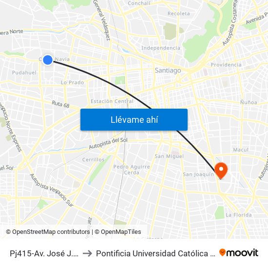 Pj415-Av. José J. Pérez / Esq. Milán to Pontificia Universidad Católica De Chile - Campus San Joaquín map