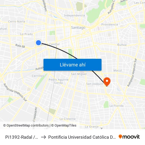 Pi1392-Radal / Esq. La Coruña to Pontificia Universidad Católica De Chile - Campus San Joaquín map