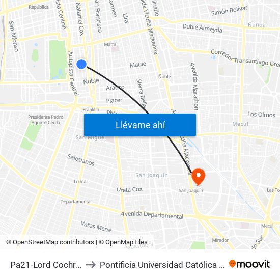 Pa21-Lord Cochrane / Esq. Victoria to Pontificia Universidad Católica De Chile - Campus San Joaquín map