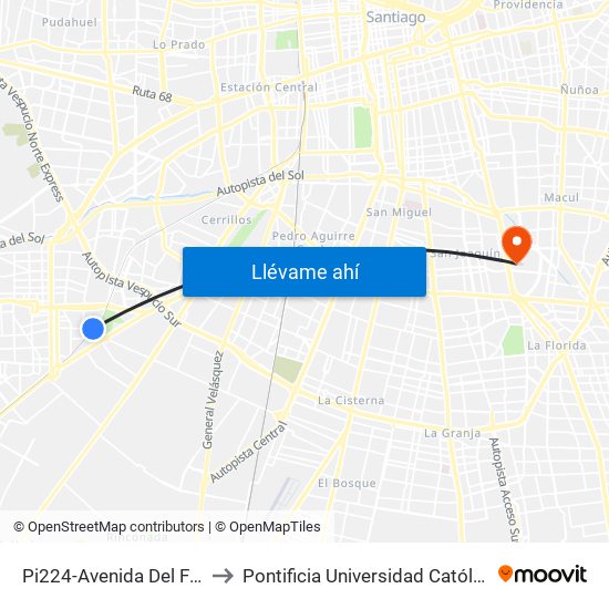 Pi224-Avenida Del Ferrocarril / Esq. 4 Álamos to Pontificia Universidad Católica De Chile - Campus San Joaquín map