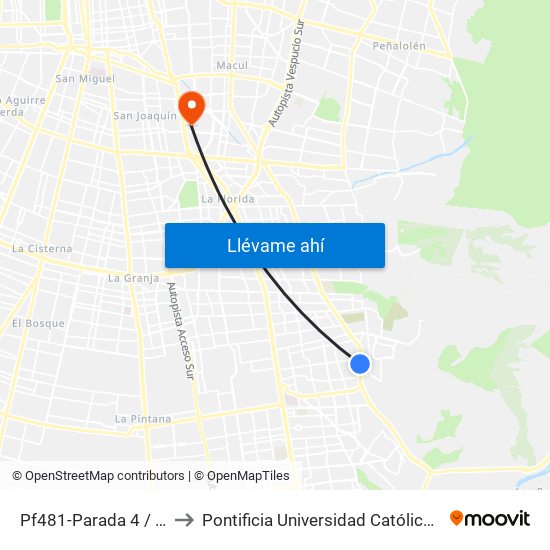 Pf481-Parada 4 / Mall Plaza Tobalaba to Pontificia Universidad Católica De Chile - Campus San Joaquín map