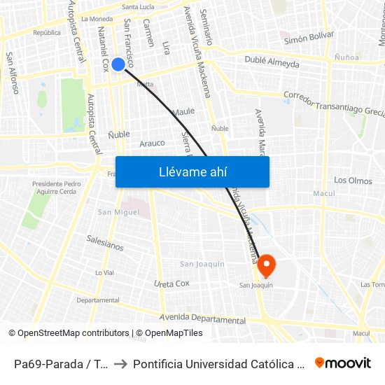Pa69-Parada / Teatro Caupolicán to Pontificia Universidad Católica De Chile - Campus San Joaquín map