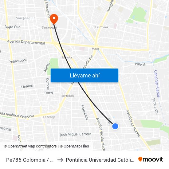 Pe786-Colombia / Esq. Av. Trinidad-Oriente to Pontificia Universidad Católica De Chile - Campus San Joaquín map