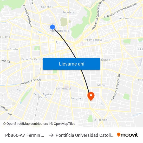 Pb860-Av. Fermín Vivaceta / Esq. El Molino to Pontificia Universidad Católica De Chile - Campus San Joaquín map