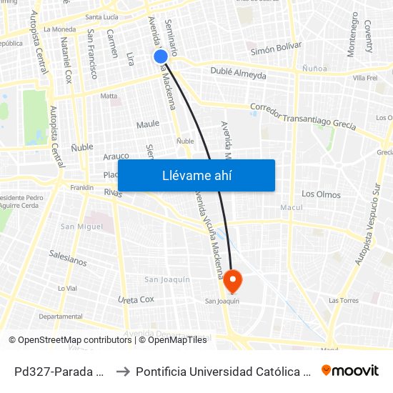 Pd327-Parada 9 / (M) Irarrázaval to Pontificia Universidad Católica De Chile - Campus San Joaquín map