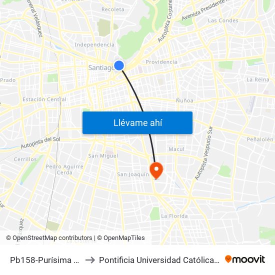 Pb158-Purísima / Esq. Av. Bellavista to Pontificia Universidad Católica De Chile - Campus San Joaquín map