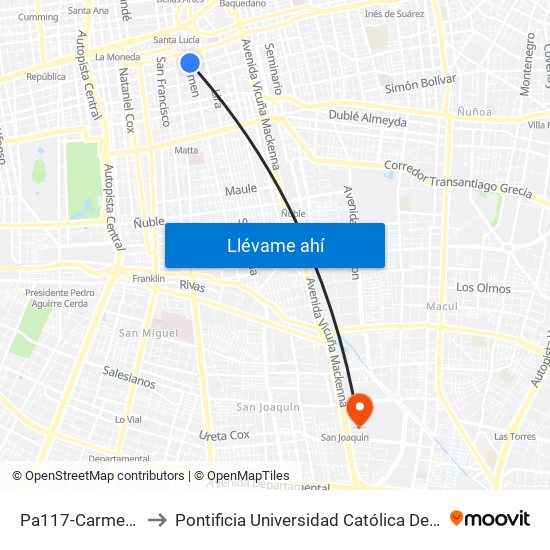Pa117-Carmen / Esq. Marín to Pontificia Universidad Católica De Chile - Campus San Joaquín map