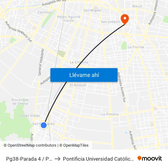 Pg38-Parada 4 / Plaza De San Bernardo to Pontificia Universidad Católica De Chile - Campus San Joaquín map