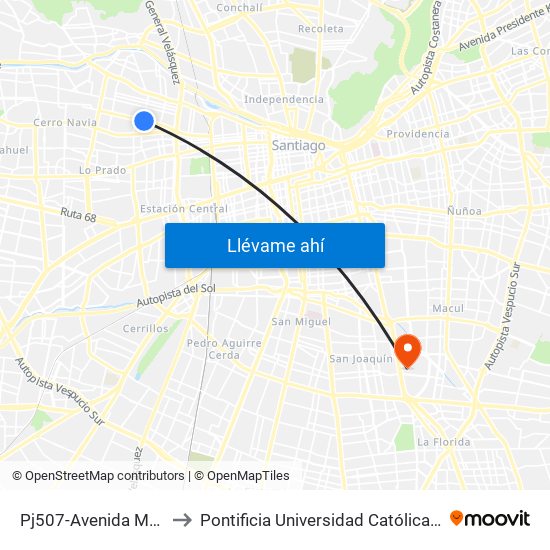 Pj507-Avenida Mapocho / Esq. Radal to Pontificia Universidad Católica De Chile - Campus San Joaquín map