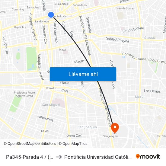 Pa345-Parada 4 / (M) Universidad De Chile to Pontificia Universidad Católica De Chile - Campus San Joaquín map