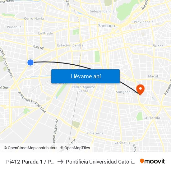 Pi412-Parada 1 / Paradero 7 1/2 Pajaritos to Pontificia Universidad Católica De Chile - Campus San Joaquín map