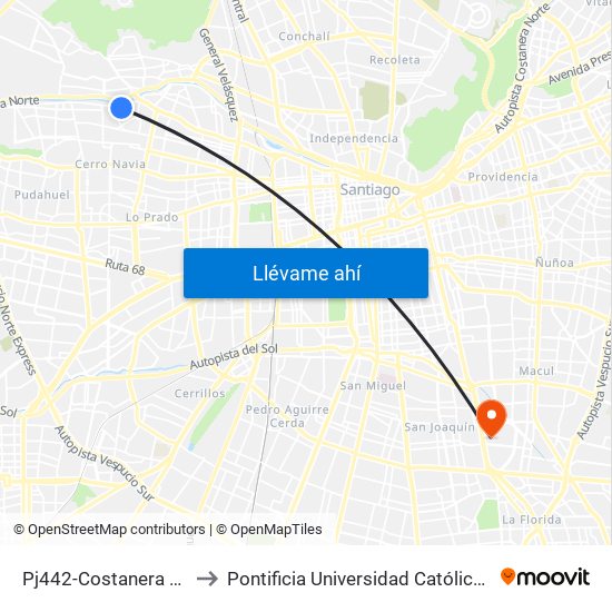 Pj442-Costanera Sur / Esq. Las Lumas to Pontificia Universidad Católica De Chile - Campus San Joaquín map