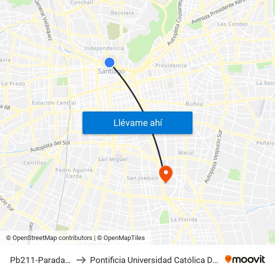 Pb211-Parada / Vega Central to Pontificia Universidad Católica De Chile - Campus San Joaquín map