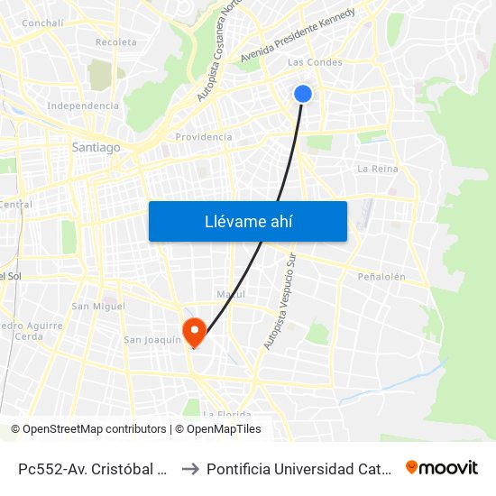 Pc552-Av. Cristóbal Colón / Esq. Sebastián Elcano to Pontificia Universidad Católica De Chile - Campus San Joaquín map