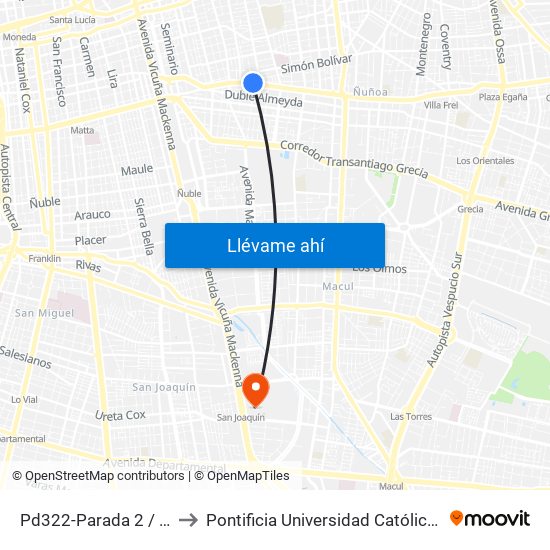 Pd322-Parada 2 / (M) Mons. Eyzaguirre to Pontificia Universidad Católica De Chile - Campus San Joaquín map