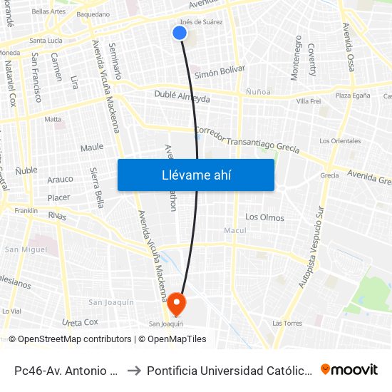 Pc46-Av. Antonio Varas / Esq. Vasconia to Pontificia Universidad Católica De Chile - Campus San Joaquín map