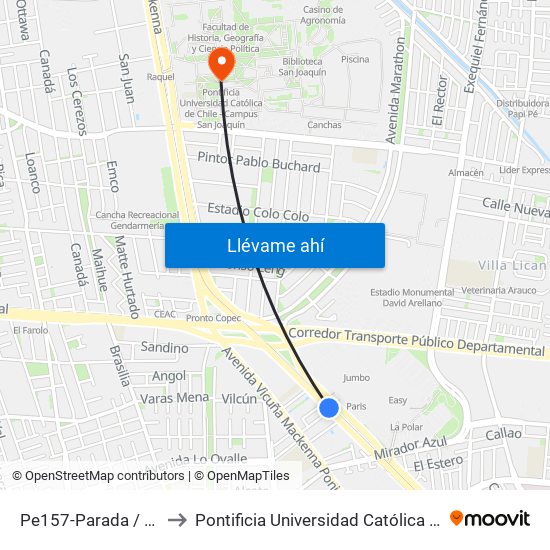 Pe157-Parada / Mall Florida Center to Pontificia Universidad Católica De Chile - Campus San Joaquín map